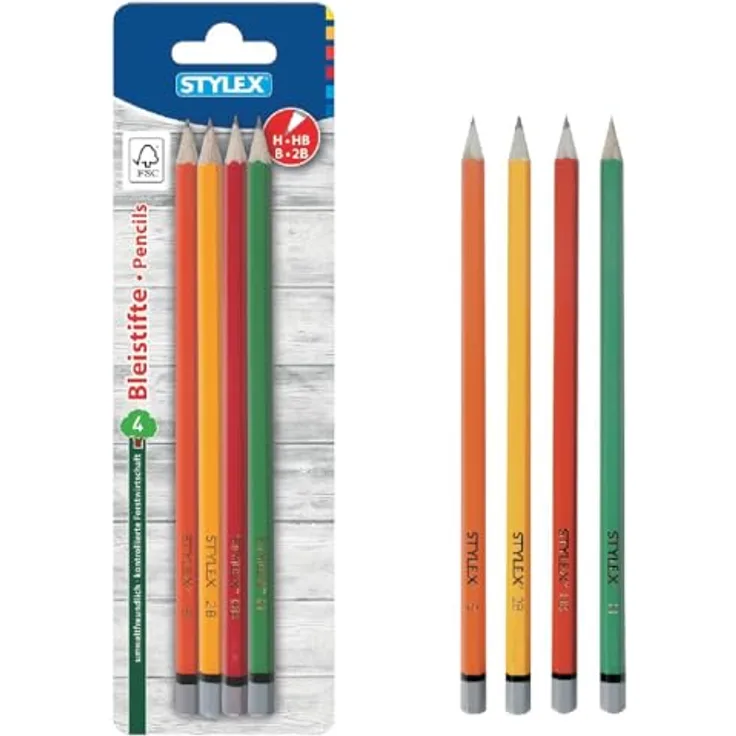 Stylex 26015 Bleistift ohne Radiergummi, 4 Stück aus FSC-Holz, 4 verschiedene Härtegrade: H - HB - B - 2B, mit Tauchkappe