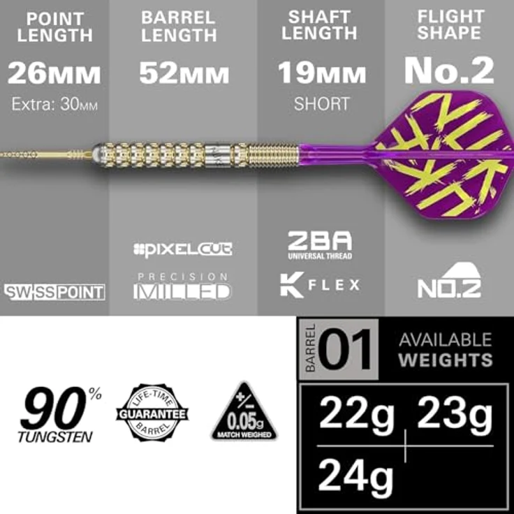 Target Darts Luke Littler Gen 1 Prodigy Steeldarts, 90% Tungsten, 22G, Gold, mit K-Flex Flights und Shafts, Swiss DX Points, Premium Aufbewahrungsbox – Bild 3