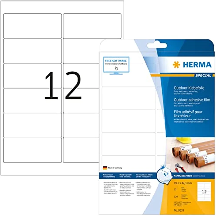 HERMA Folien-Kraftklebe-Etiketten 9533, weiß, 120 Stück, 99,1 x 42,3 mm, bedruckbar, reißfest, wasserabweisend, temperaturbeständig – Bild 1
