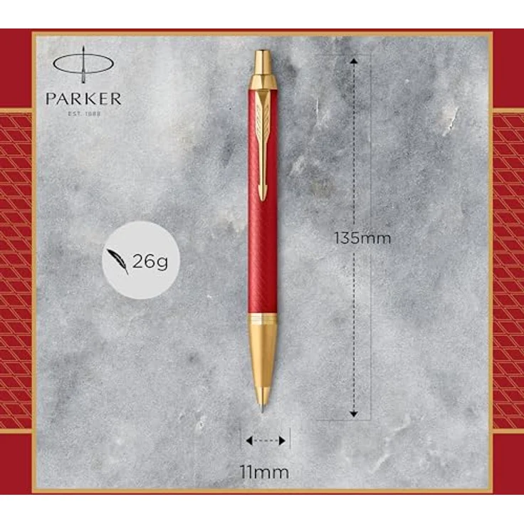 Parker IM Premium G.C. M, Kugelschreiber mit goldfarbenem Zierring und mattrotem Schaft, Schreibfarbe Blau, Nachfüllbar in Geschenkschachtel – Bild 3