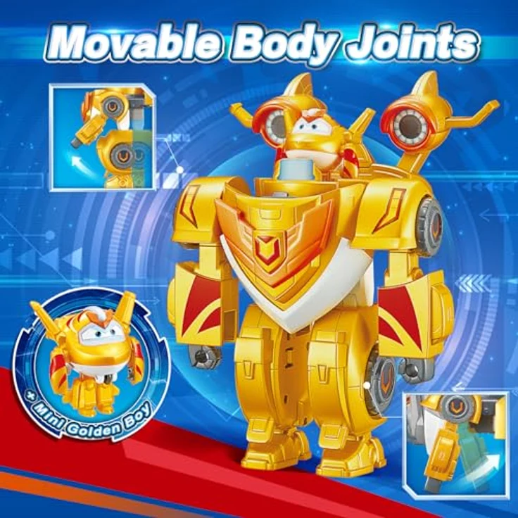 Super Wings EU770352, Super Robot Suit Golden Boy, ca. 18 cm große verwandelbare Spiel-Figur, 2-in-1 Roboter Anzug und Super Auto, gelb, für Kinder ab 3 Jahren – Bild 5