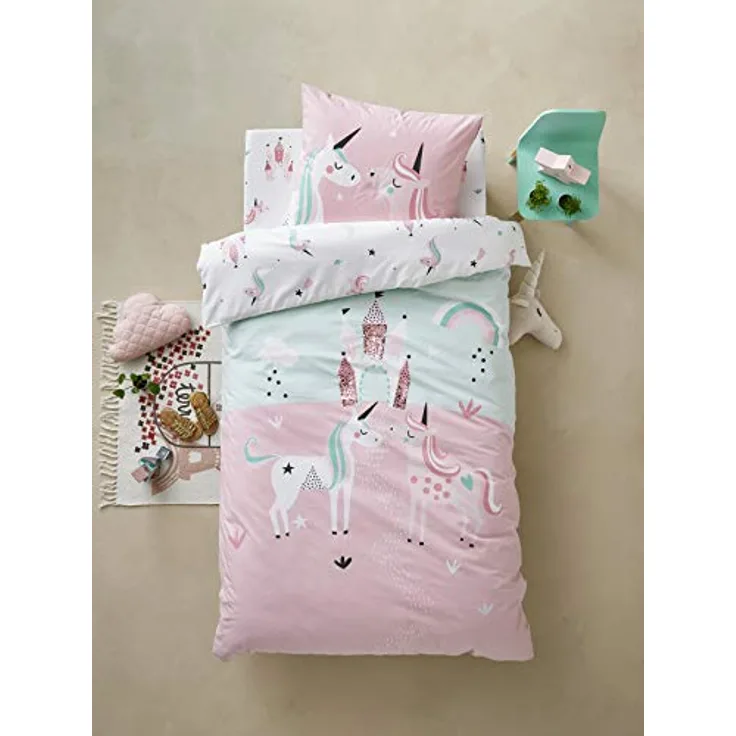 Vertbaudet Mädchen Bettwäsche-Set Einhörner zartrosa 140X200 - Kissen 50X75