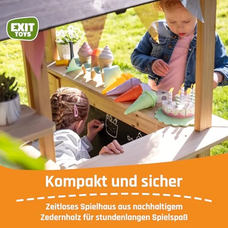 EXIT Toys Hika Holzspielhaus für Draußen, mit Rollenspieldrehrad und 8 Themen, Kreidetafel, Briefkasten, aus 100% FSC-zertifiziertem Zedernholz, 111x140x155cm, für Kinder ab 2 Jahren – Bild 4