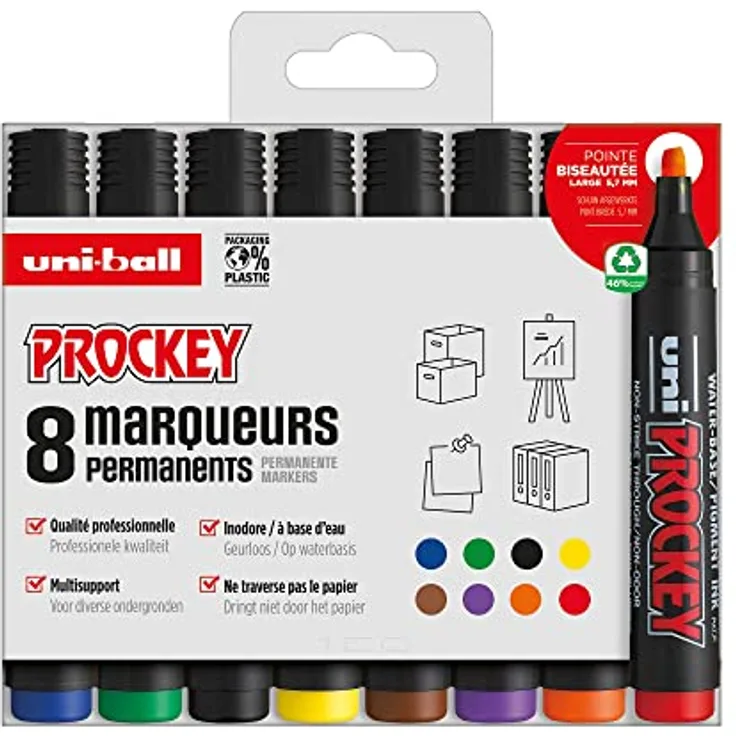 uni-ball Uni Prockey Uni Mitsubishi Pencil – Permanentmarker geruchslos PM126 – Multihalter, Wasserbasis, geruchsneutral – abgeschrägte Spitze 5,7 mm – Null-Verpackung aus Kunststoff – 8 Farben