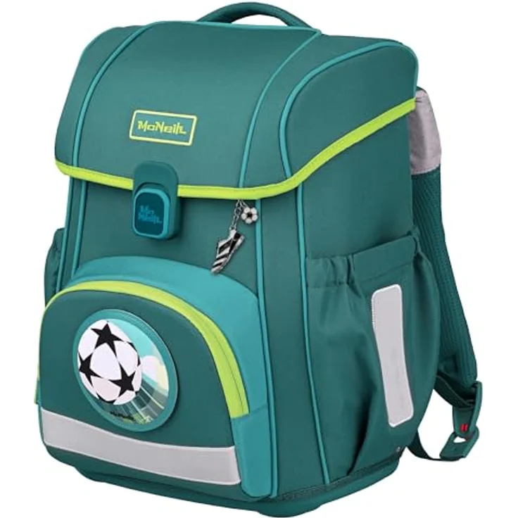 McNeill Schulranzen-Set BRAVO 9tlg., ergonomisch, höhenverstellbar, 21 L Volumen, petrolfarbenes Fußball-Rennwagen-Design – Bild 3