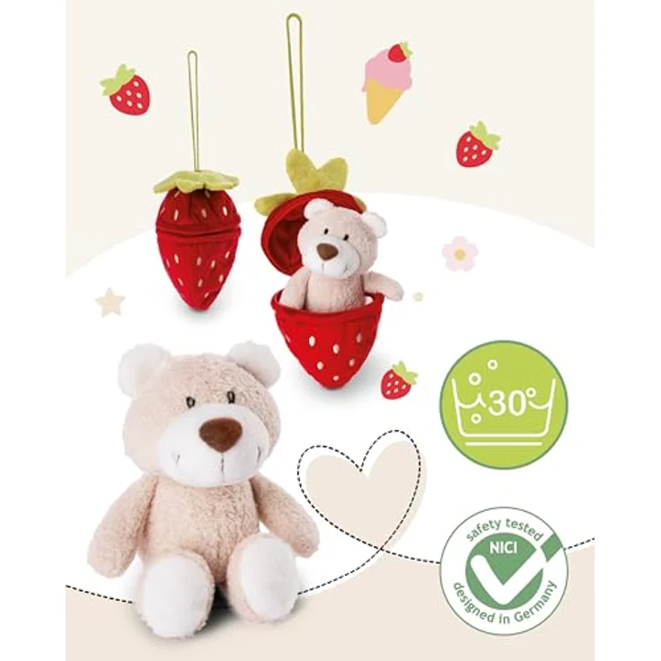 NICI Kuscheltier Bär Bendix 13cm I Plüschtier mit Plüsch-Erdbeere Anhänger GREEN - Nachhaltiges Stofftier für Schmusetierliebhaber - 49435 – Bild 3