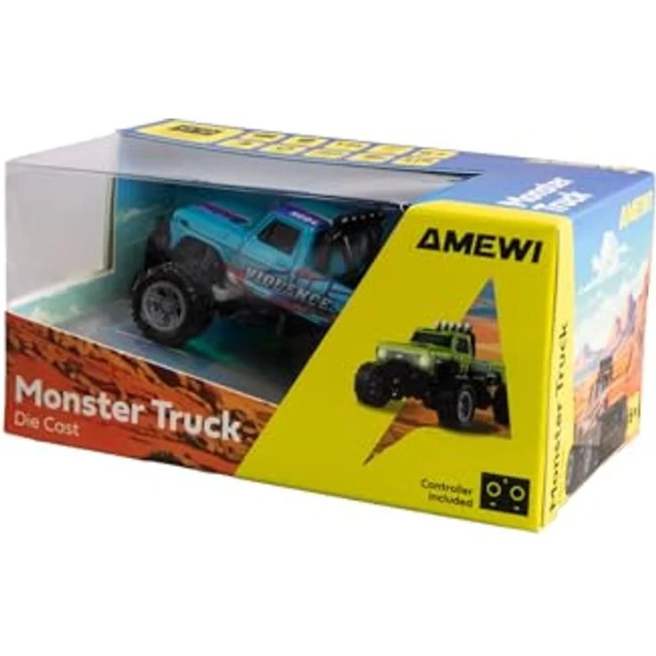 Amewi RC-Monstertruck Die Cast 1:64 RTR, blau, mit 3 Geschwindigkeitsstufen, kinderfreundlicher Tempomat-Funktion und LED-Beleuchtung – Bild 2