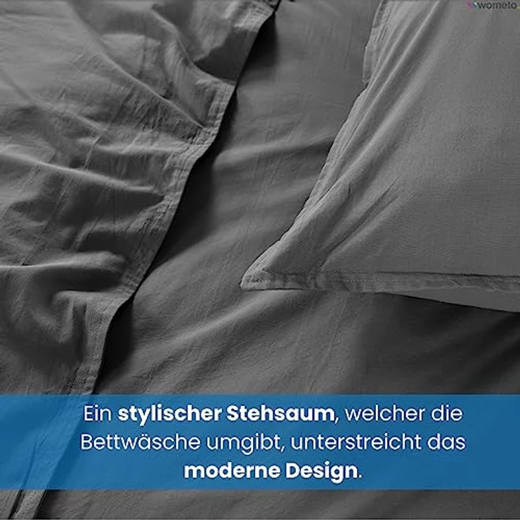 wometo Bettwäsche Renforce Stone-Washed 155x220 & 80x80 100% Baumwolle - dunkelgrau OekoTex weich modern Used-Look Leinen-Optik – Bild 4