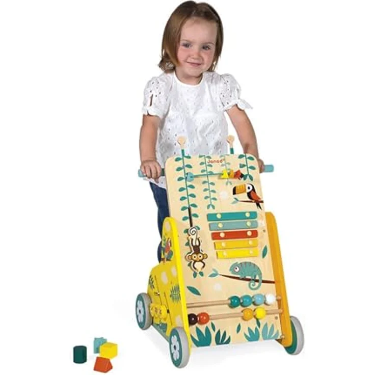 Janod - Multi-Aktivitätswagen Tropik - Laufwagen aus Holz - Lernspielzeug mit 6 Aktivitäten - Leise Räder und Feststellschraube - FSC-zertifiziert - Wasserfarbe - Ab 1 Jahr, J08269 – Bild 6