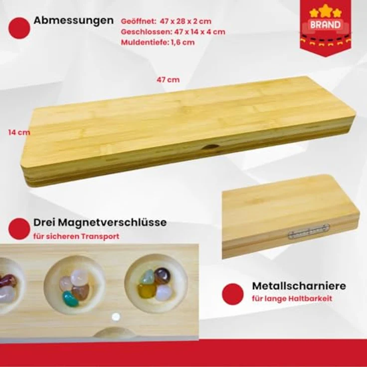 GICO Steinchenspiel Hus Bao Mancala groß aus Holz mit Edelsteinen - Strategiespiel für Jung und Alt, hochwertige Klappkassette, 64 Edelsteine - 7953 – Bild 3