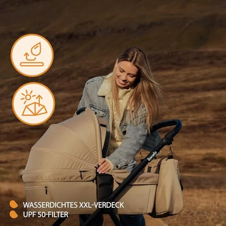 Lionelo Meril 2-in-1 Kombikinderwagen, XL-Babywanne bis 9 kg, Buggy bis 22 kg, geländegängige Gummiräder, Vollfederung, XXL-Verdeck - Black – Bild 8