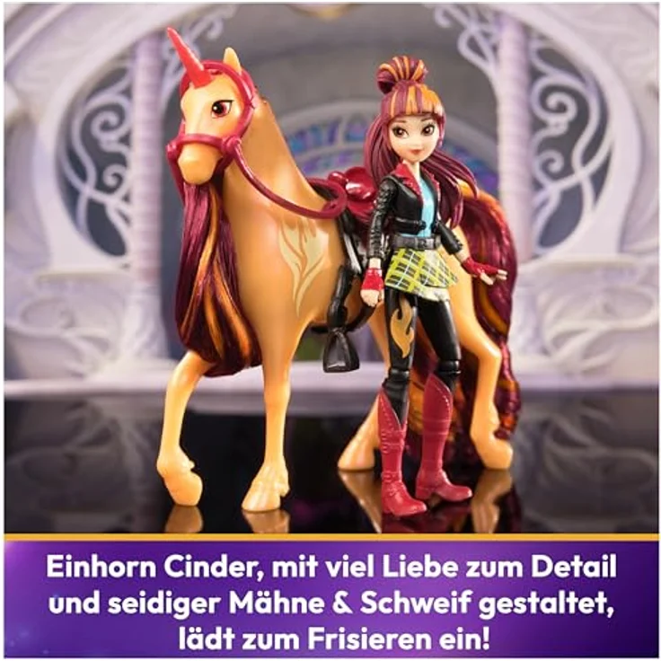 Spin Master Anziehpuppe 6066850 Unicorn Academy - Valentina und Einhorn Cinder, Feuerthema, 12 cm groß, 7 Gelenke, ab 4 Jahren – Bild 3