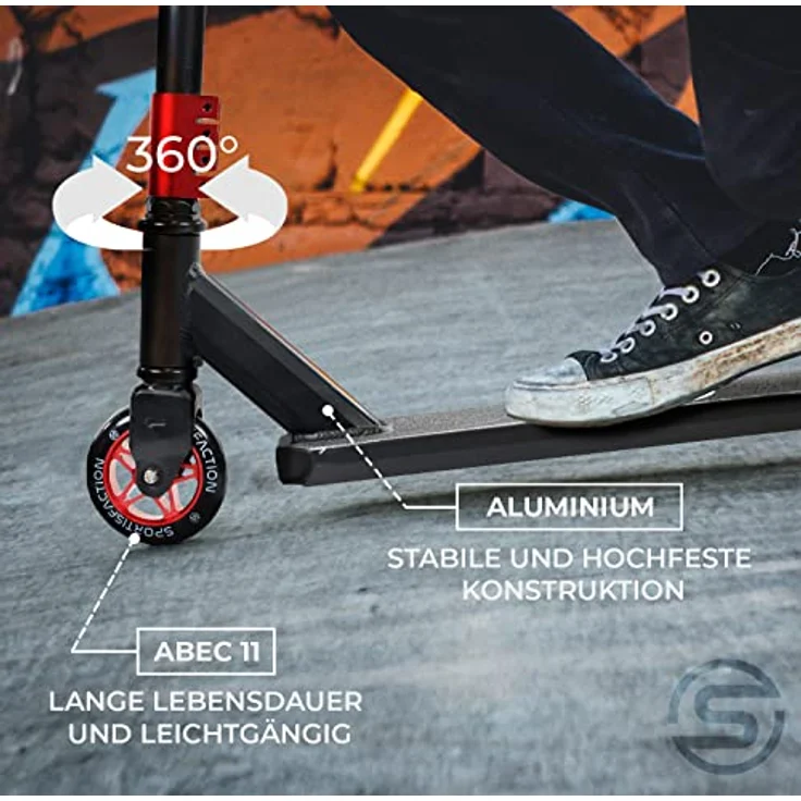 Sportisfaction Stuntscooter Rot, Profi Roller mit ABEC11 Kugellagern, 4-fach Klemme, belastbar bis 100kg, Alu-Deck 50x11cm, robustes Design für Tricks & Rampen – Bild 3