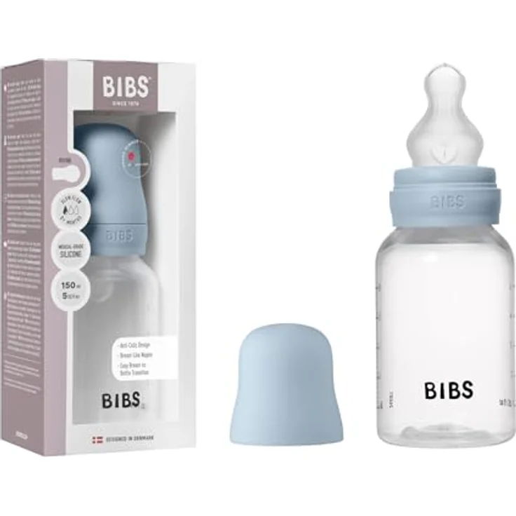 BIBS Anti-Colic Baby Bottle Silicone, 150 ml Babyflasche in Baby Blue, reduzierte Koliken, effektive Entlüftung – Bild 1