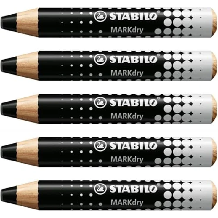 STABILO MARKdry Markerstifte, Schwarz, 5 Stück, für Whiteboards und Schiefertafeln, abwischbar, aus 100% zertifiziertem Holz – Bild 1