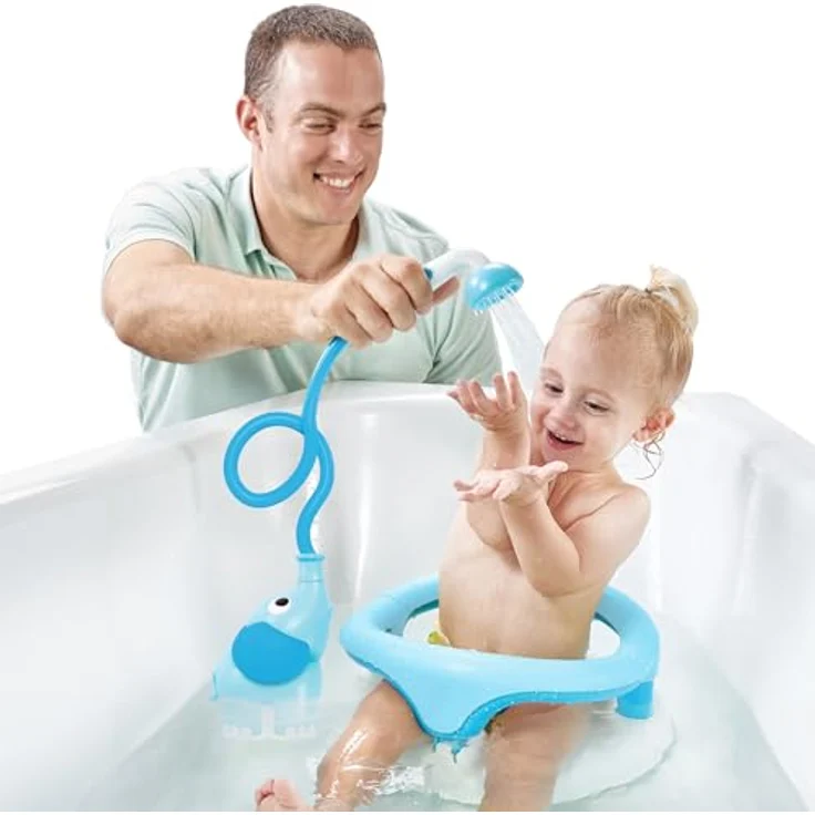 Yookidoo Duschkopf für Baby-Badewanne, Elefanten-Wasserpumpe mit 2-Tasten-Wasserflusskontrolle, blau und dunkelblau – Bild 3