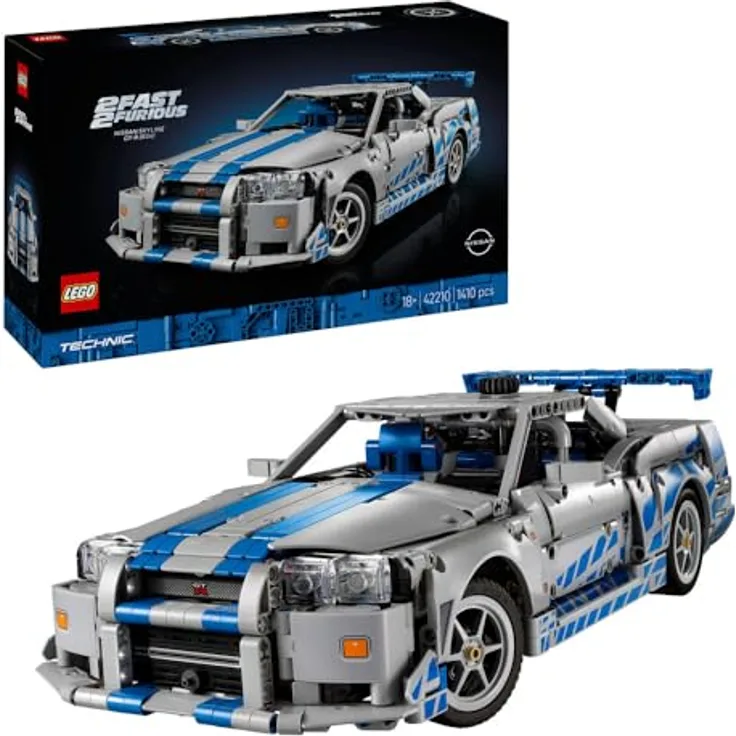 LEGO Technic 42210, 2 Fast 2 Furious Nissan Skyline GT-R (R34) Flitzer Bausatz, 1.410 Teile, mit Driftfunktion und 6-Zylinder-Motor, Mehrfarbig
