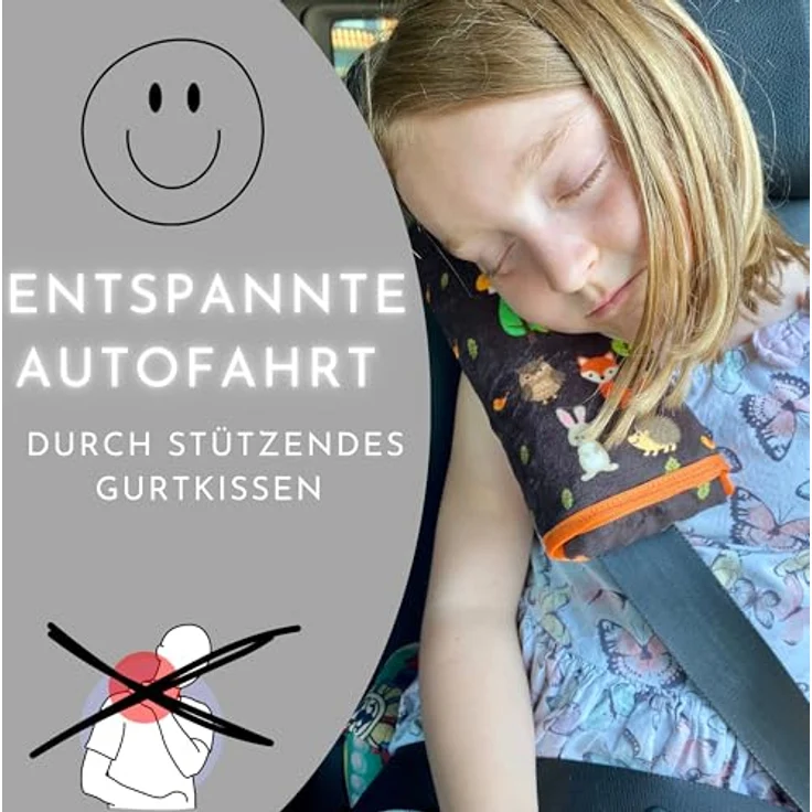 HECKBO Auto Schlafkissen Waldtiere Motiv für Kinder Mädchen Jungen - maschinenwaschbar – kuschelweich - Auto Gurtkissen, Gurtschoner, Gurtschutz Sitzerhöhung, Auto Kissen, Reisekissen, Urlaub – Bild 4