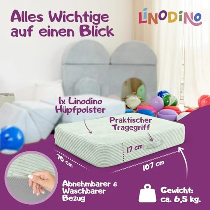 Hüpfpolster Avocado Grün mit Federkern, rutschfester Unterseite, Tragegriff und abnehmbarem, waschbarem Cord-Bezug – Bild 7