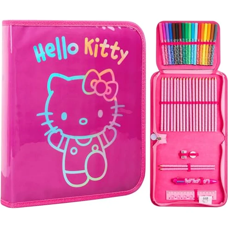 Hello Kitty Federmäppchen, gefüllt mit Buntstiften, Filzstiften und Zubehör, rosa, ideal für Schule und kreative Projekte – Bild 1
