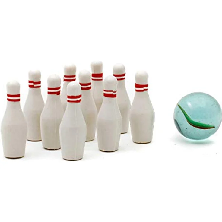 GOODS+GADGETS Mini Bowling Set, Miniatur-Bowling Kegel-Spiel mit Kugel für Büro und Pausenraum, korrekte Proportionen, 10 Pins ca. 4 x 1,4 cm, Kugeldurchmesser ca. 2 cm – Bild 2