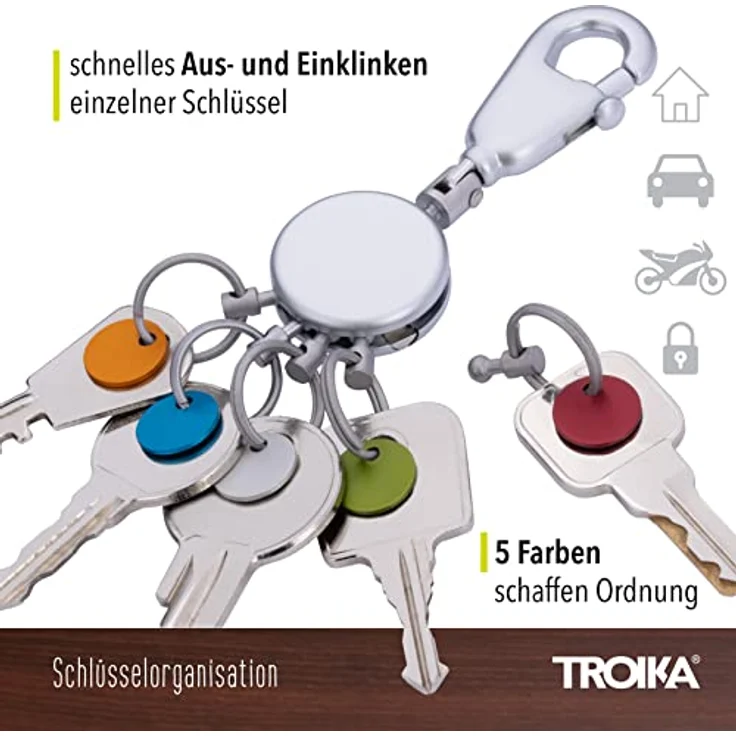 TROIKA KYR61/MC Patent Schlüsselhalter, runder matter Schlüsselanhänger mit Karabinerhaken, 5 ausklinkbare Ringe und farbige Plättchen zur Schlüsselzuordnung – Bild 3