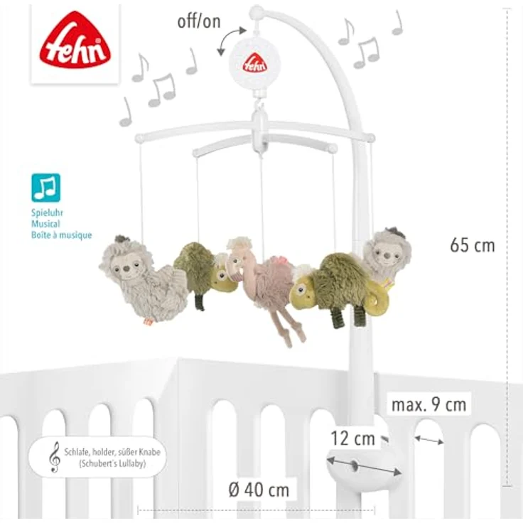 Fehn Musik-Mobile Lazy, Crazy & Pink – Einschlafhilfe mit Spieluhr Melodie „Brahms Wiegenlied“ für Babys von 0-5 Monaten, Höhe 65 cm, ø 40 cm, maschinenwaschbar – Bild 4