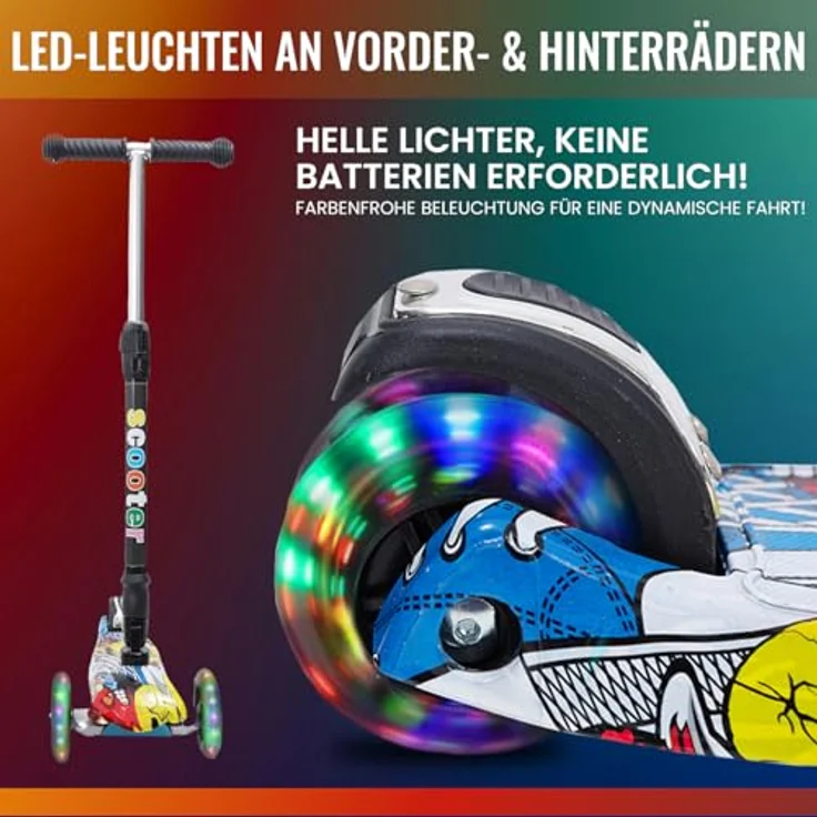 Europebazar Habib Kinderroller Metall-Roller 3-Rad, klappbar mit LED Licht, bis 50kg, Schwarz – Bild 3