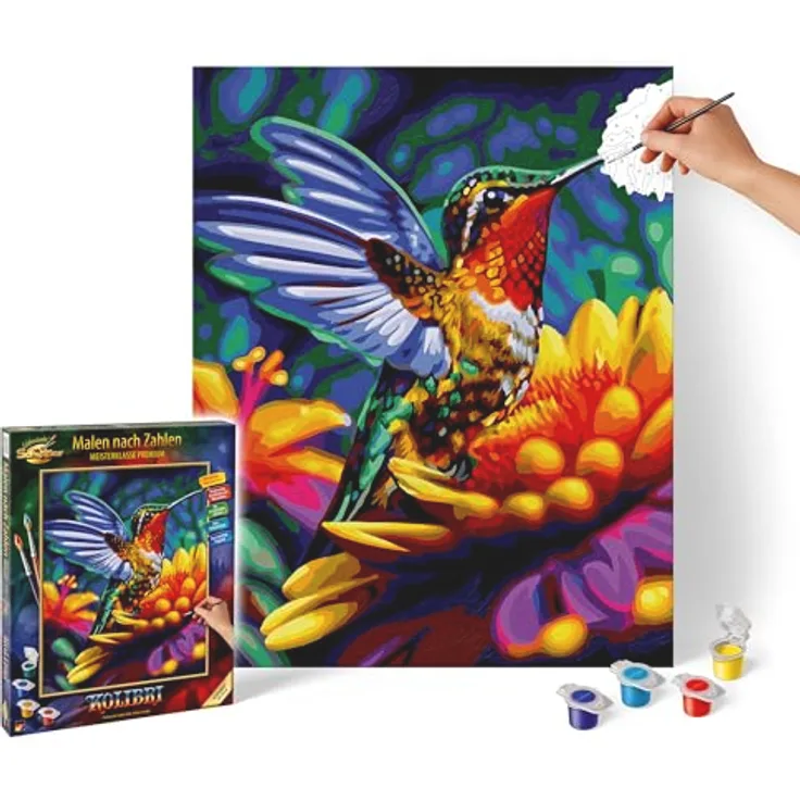 Schipper Malen nach Zahlen Meisterklasse Premium, Kolibri, farbenfrohes Kunstprojekt mit intensiven Türkis-, Gelb- und Purpur-Tönen, Made in Germany