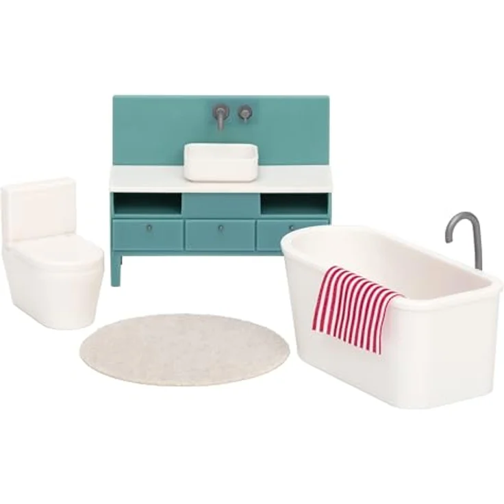 Lundby Puppenhaus Badezimmer Möbel - 5 teilig - Miniatur Toilette, Waschbecken, Teppich und Miniatur Badewanne - Toilette Puppenhaus Möbel Set - Puppenmöbel Puppenhaus Zubehör - 11cm Puppen 1:18 – Bild 2