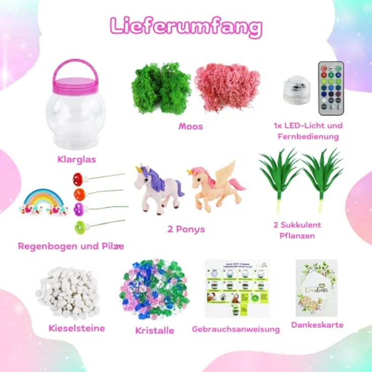 Terrarium Kit Einhorn für Kinder | DIY Bastelset Spielzeug Set mit Nachtlicht Lampe | Junge und Mädchen Geschenke 3 4 5 6 7 8+ Jahre Basteln Kreativ Deko – Bild 2