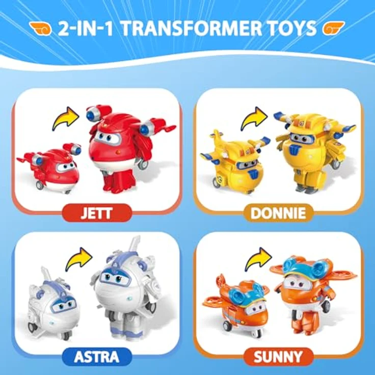 Super Wings 2" Verwandlungsspielzeug 4er Pack, Transformierende Mini Figuren, Supercharged Jett, Donnie, Astra & Sunny, für Kinder ab 3 Jahren – Bild 2