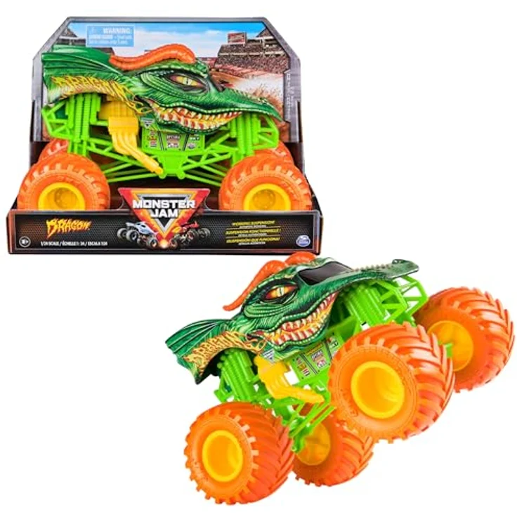 Monster Jam Dragon Monster Truck, detailreiches Metall-Spritzguss-Fahrzeug im Maßstab 1:24 mit funktionierender Federung und BKT-Gummireifen, Spielzeug für Kinder ab 3 Jahren – Bild 1