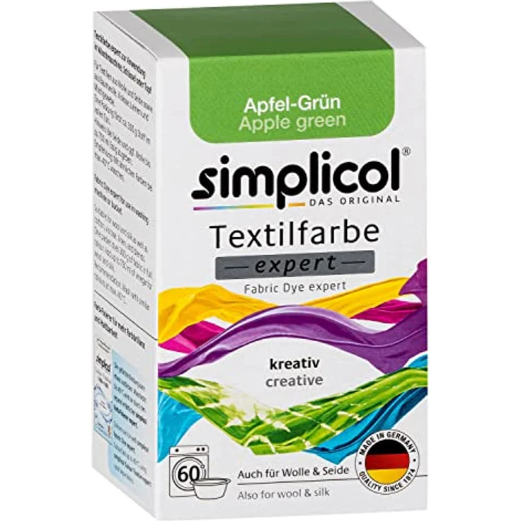 simplicol Textilfarbe expert Apfel-Grün 1714 - Zum Umfärben und Auffrischen von Kleidung, Waschmaschinenfest, für Baumwolle, Wolle, Seide, Leinen, Viskose & Mischgewebe – Bild 1