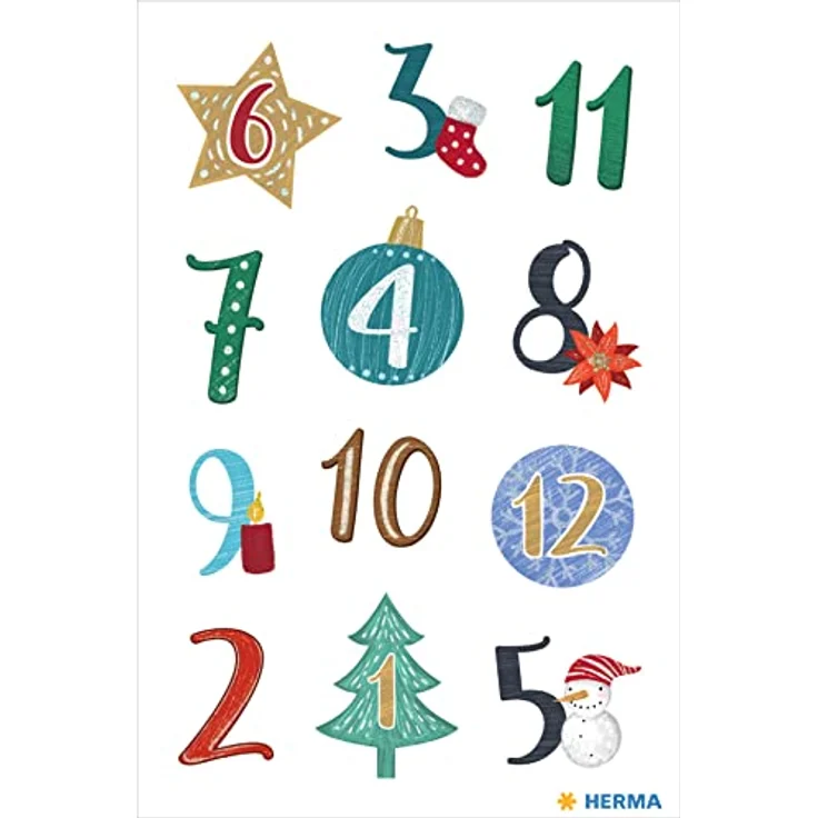 HERMA 15189 Aufkleber Zahlen 1-24 Glitzer, 24 Stück, Weihnachten Sticker mit Weihnachtskugel Sterne Motiv, Nummer Ziffer Klebezahlen Etiketten für Weihnachtsdeko Adventskalender Dekoration DIY Basteln, bunt – Bild 2