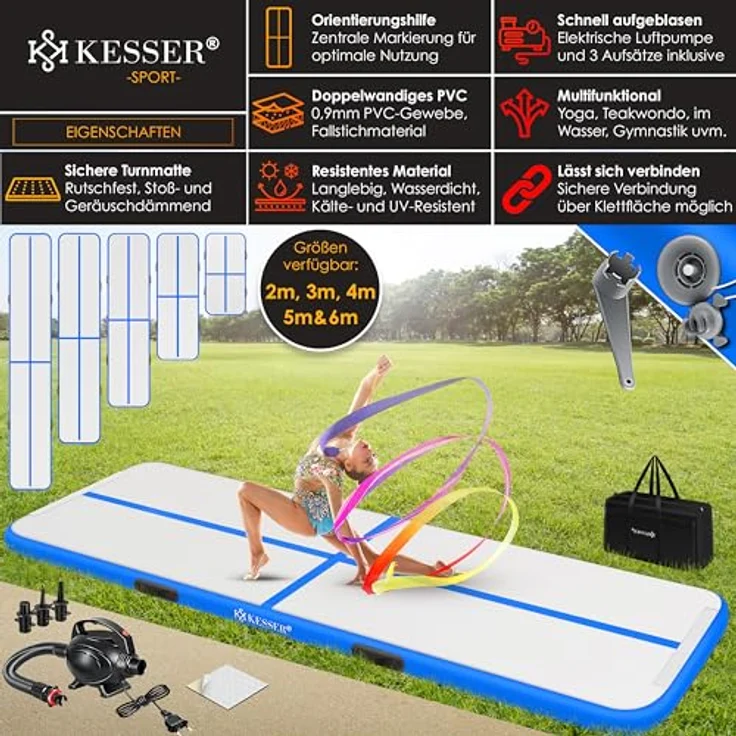 KESSER® Turnmatte Aufblasbar Airtrack Fitness-Matte Gymnastikmatte 3/4/5/6m | inkl. Tragetasche & elektr. Luftpumpe | Yogamatte, Tumbling Matten , Trainingsmatte Sportmatte Yoga, Turn- & Fitness Blau, 400 x 100 x 10 cm – Bild 3