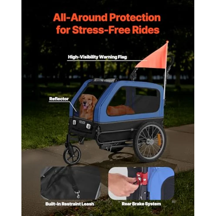VEVOR Hundeanhänger PTS22-C, 2-in-1 Fahrradanhänger für Hunde bis 40 kg, klappbarer Rahmen, universelle Fahrradkupplung, inkl. Flagge und interner Leine, 1380x755x800 mm – Bild 6