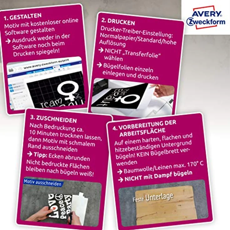 AVERY Zweckform MD1004 8 Textilfolien, T-Shirt selbst gestalten, T-Shirt bedrucken (Bügelfolie, farbige Textilien, DIN A4, bedruckbare T-Shirt Folie zum Aufbügeln, Transferfolie für Inkjet-Drucker) – Bild 3