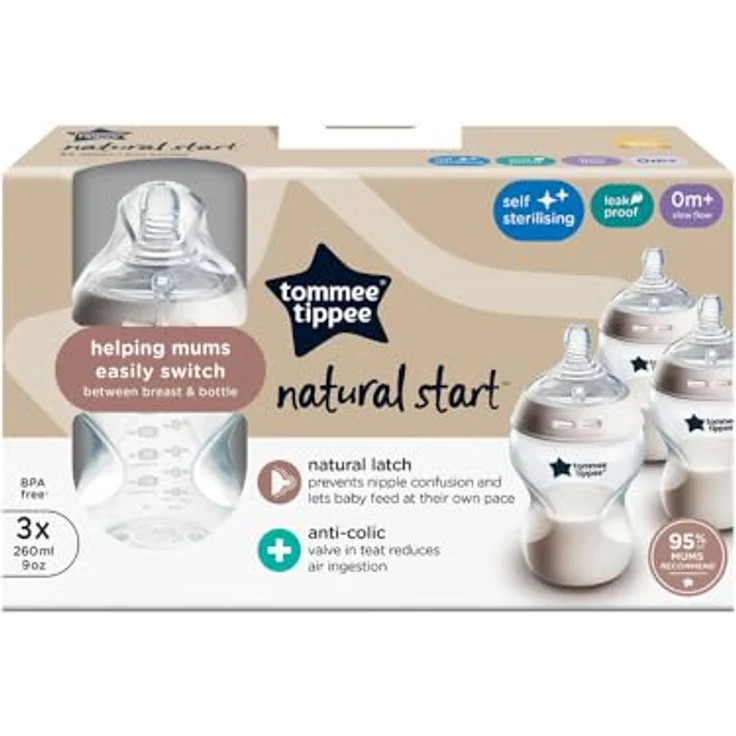 Tommee Tippee Closer to Nature Babyflaschen, Natürlich geformter Trinksauger mit Anti-Kolik-Ventil, 260 ml, 3er-Set, Mehrfarbig – Bild 3