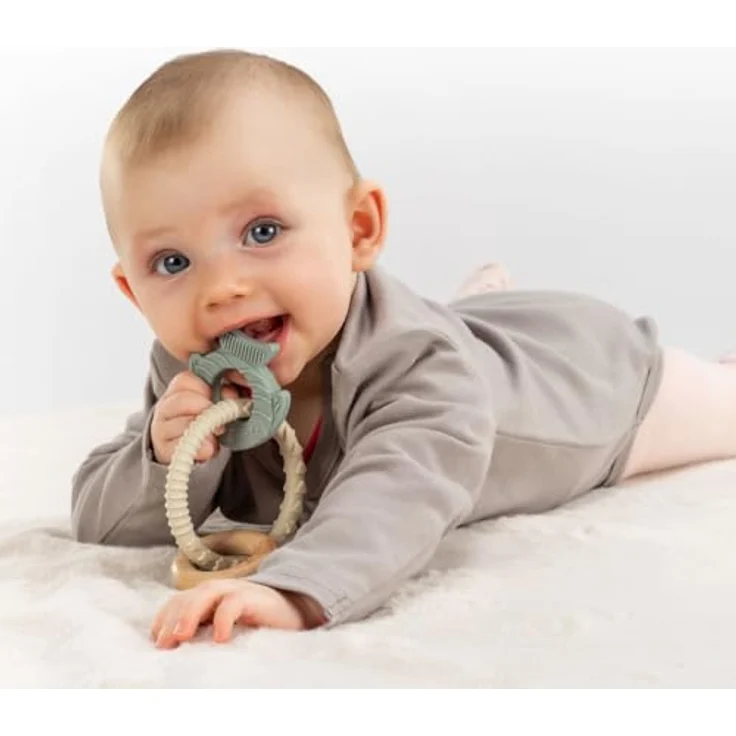 Reer BiteDuo - Silikon-Holz-Beißring für Babys - Baby Zahnungshilfe - Motorikspielzeug, beige-grün – Bild 2