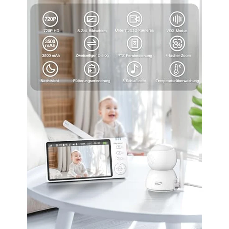 BURNNOVE Babyphone mit Kamera 5" IPS 720P, ohne WLAN, 355°/90° schwenkbar, Nachtsicht, Temperaturüberwachung, Zwei-Wege-Audio, VOX, 8 Schlaflieder, 5 Wecker – Bild 2