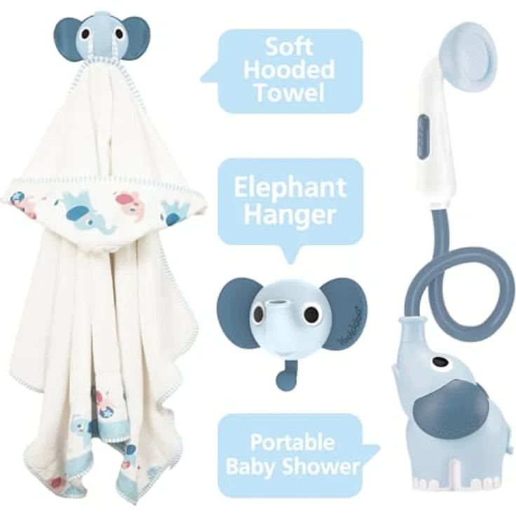 Yookidoo Duschkopf für Baby-Badewanne, Elefanten-Wasserpumpe mit 2 Knopf-Wasserflusskontrolle, Cloudy Blue – Bild 4