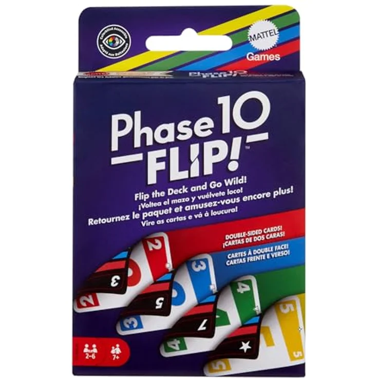 Mattel Games Phase 10 Flip Kartenspiel, beidseitig bedruckte Karten, spezielle Farbphasen, 2-6 Spieler, HYN12 – Bild 1