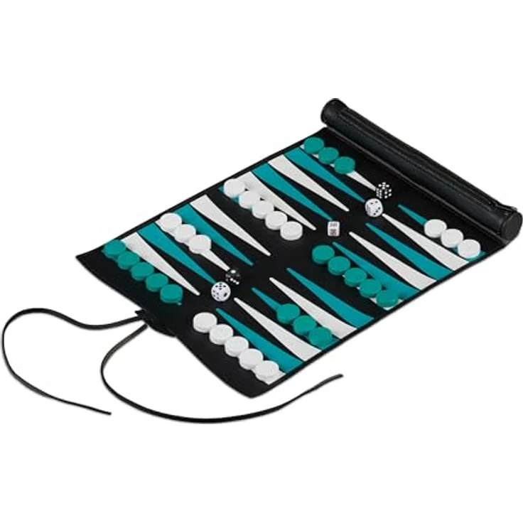Relaxdays Backgammon zum Aufrollen, Reise-Brettspiel in schwarzer Lederoptik mit integrierter Tasche für Spielsteine und Würfel – Bild 1