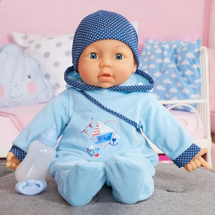 Bayer Babypuppe Hello Baby Boy, 46 cm Funktionspuppe mit schmatzenden Geräuschen und Augenbewegung – Bild 5
