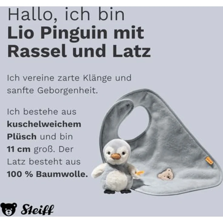 Steiff Pinguin Lio Geschenkset, Rassel & Latz aus 100% grauer Baumwolle, 22 cm, mit dekorativem Aufbewahrungskorb – Bild 2