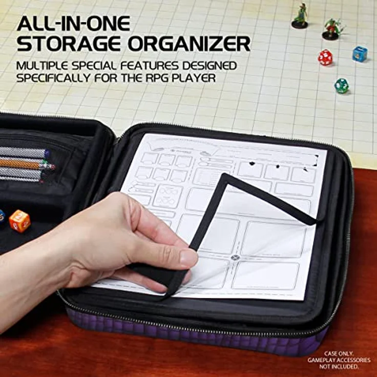 ENHANCE RPG-Organizer-Etui, Sammleredition – DND-Ordner mit Charakterbogenhalter, Würfelrollbereich, herausnehmbarer Stifttasche und Miniatur-Schaumstoffablage, Drachen Lila – Bild 2