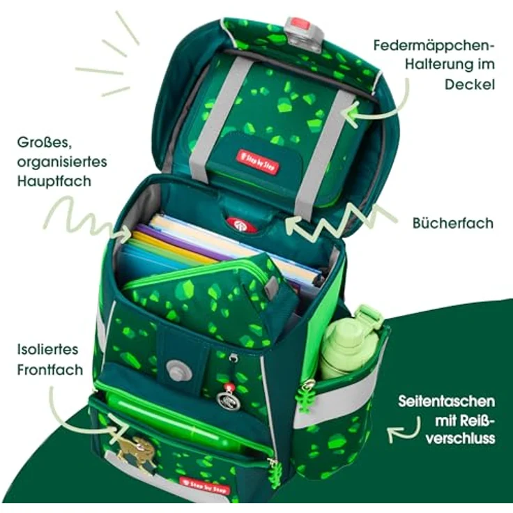 Step by Step Schulranzen-Set Space „Dino Targo“, 5-teilig, ergonomischer Tornister in grün mit Dino-Design, 20L, höhenverstellbar, mit Reflektoren und Hüftgurt für Jungen ab der 1. Klasse – Bild 5