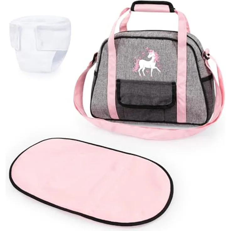 Bayer Design 69033AB Wickeltasche für Puppen, Wickelunterlage, Stoffwindel, Puppenzubehör, Jeans-grau, Rosa