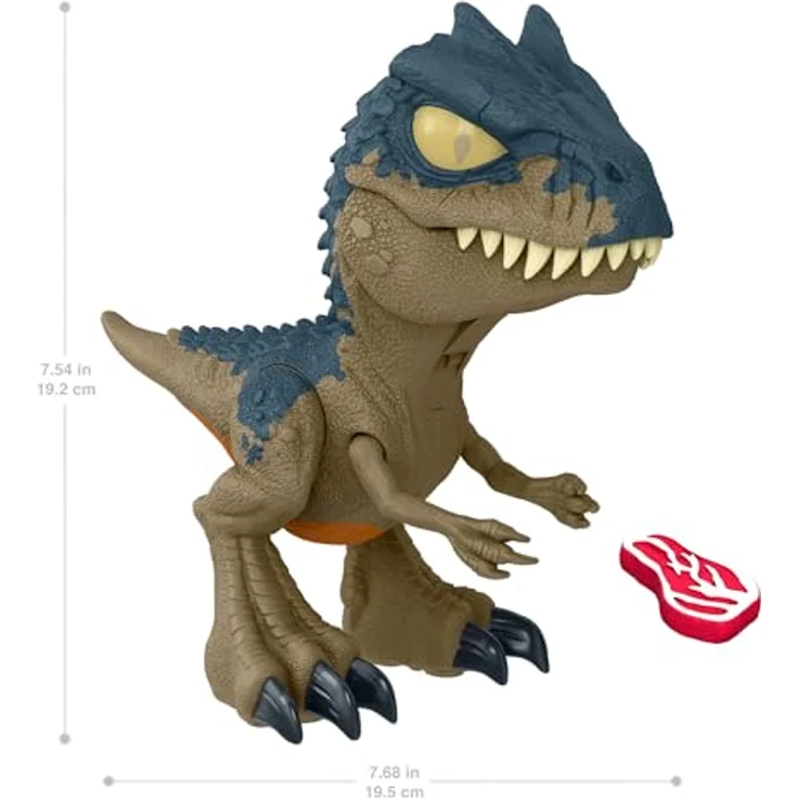 Mattel Jurassic World Mega Roar Allosaurus, Dinosaurier-Spielzeug mit Geräuschen, flexiblen Sehnen und Fütterzubehör, 20 cm – Bild 6